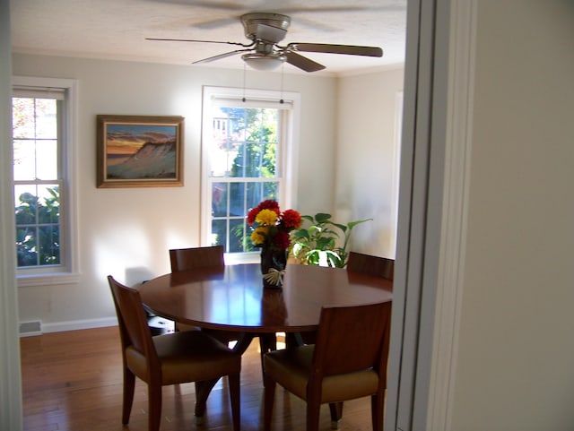 dining room featuring ceiling fan, wood finished floors, baseboards, and ornamental molding