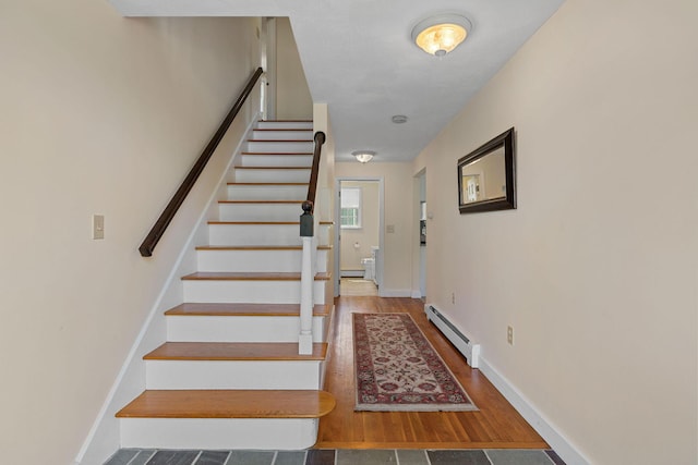 10 Briarfield Rd, South Dennis, MA 02660 - stairs featuring a baseboard heating unit, a baseboard radiator, and wood finished floors