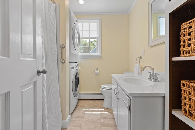 10 Briarfield Rd, South Dennis, MA 02660 - laundry area with stacked washer / dryer, a baseboard radiator, and light tile patterned floors