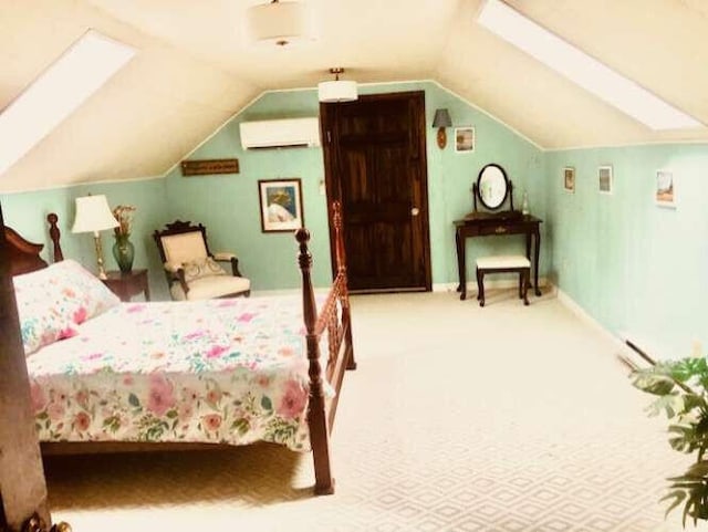 5 Greyhampton Rd, West Yarmouth, MA 02673 - bedroom with an AC wall unit, a skylight, lofted ceiling, and carpet floors