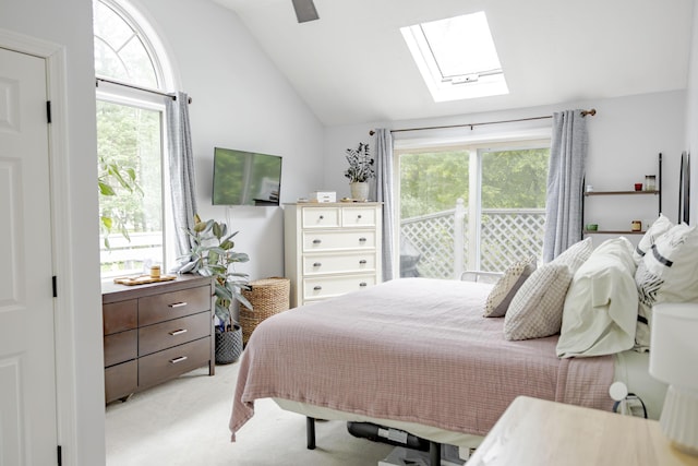 68 Harlow Rd, Sandwich, MA 02563 - bedroom with a skylight, lofted ceiling, multiple windows, light carpet, and a ceiling fan