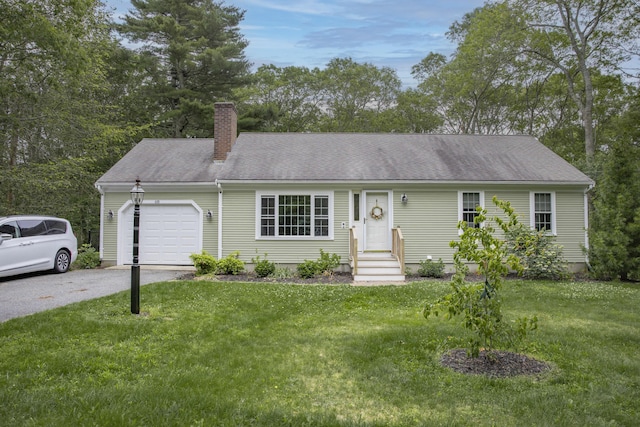 68 Harlow Rd, Sandwich, MA 02563 - ranch-style home featuring driveway, a chimney, an attached garage, and a front yard