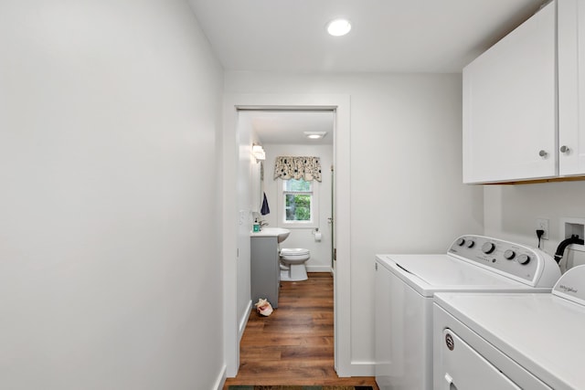 16 Town Neck Rd, Sandwich, MA 02563 - laundry area with independent washer and dryer, dark wood-style flooring, cabinet space, a sink, and recessed lighting