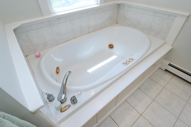 70 Deerfield Ln, Eastham, MA 02642 - full bathroom with a jetted tub, tile patterned floors, and a baseboard radiator