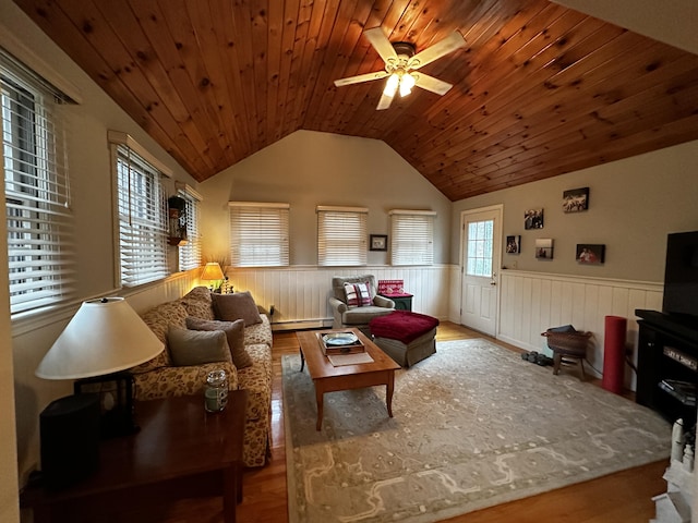 living room featuring ceiling fan, wood ceiling, vaulted ceiling, hardwood / wood-style floors, and a baseboard heating unit