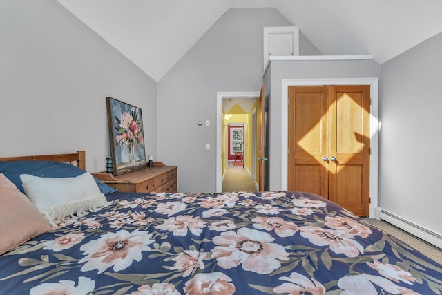 13 Try Works Rd, Truro, MA 02666 - carpeted bedroom featuring a baseboard radiator and high vaulted ceiling