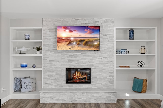 details featuring built in shelves, wood-type flooring, and a stone fireplace