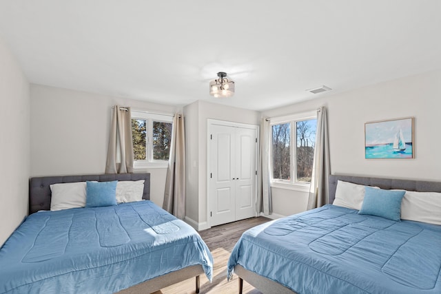 bedroom featuring multiple windows, hardwood / wood-style flooring, and a closet