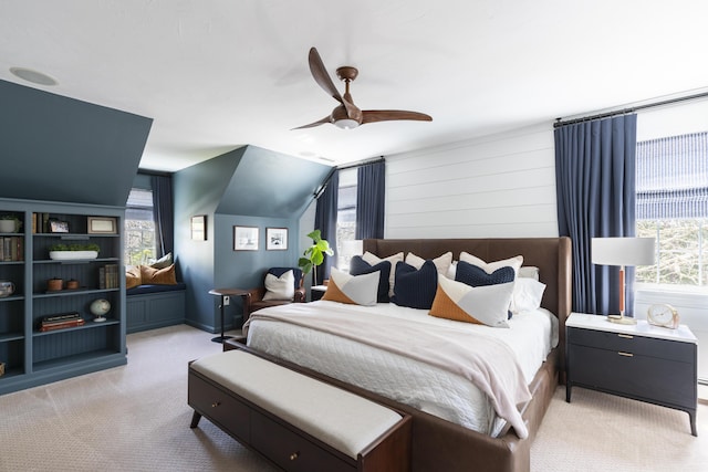 331 Riverview Dr, Chatham, MA 02633 - bedroom featuring light carpet, multiple windows, lofted ceiling, and ceiling fan