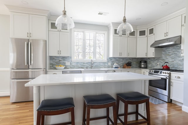 331 Riverview Dr, Chatham, MA 02633 - kitchen with appliances with stainless steel finishes, under cabinet range hood, a sink, and a kitchen bar