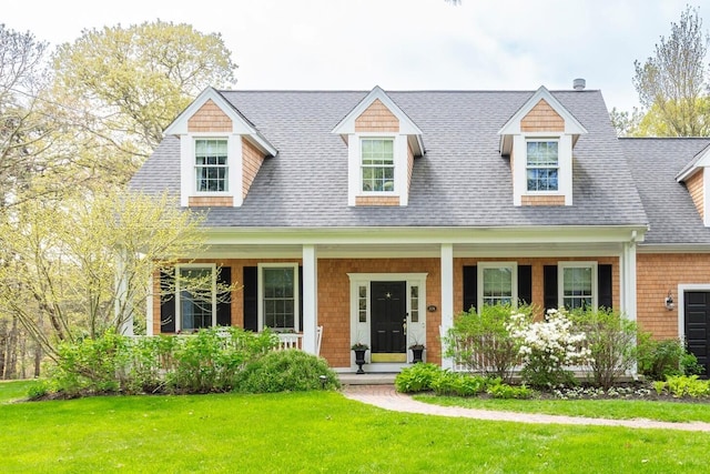331 Riverview Dr, Chatham, MA 02633 - new england style home with covered porch, roof with shingles, and a front yard