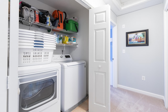 331 Riverview Dr, Chatham, MA 02633 - laundry area featuring separate washer and dryer, light colored carpet, and baseboards