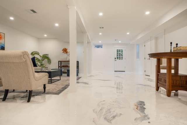 interior space featuring marble finish floor, visible vents, and recessed lighting