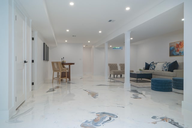 interior space with marble finish floor, visible vents, and recessed lighting