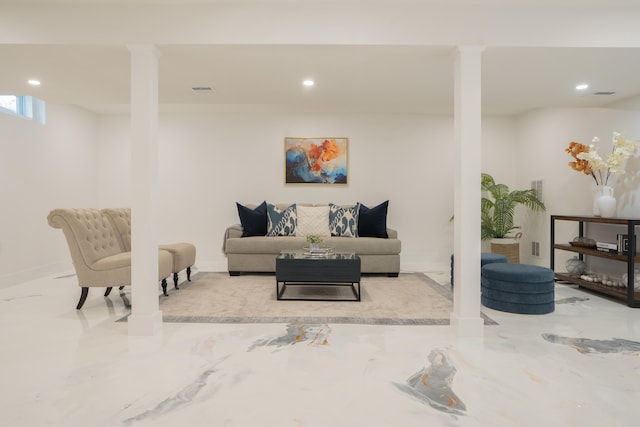 living room featuring marble finish floor, visible vents, baseboards, and recessed lighting