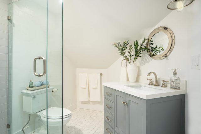 full bathroom featuring toilet, a shower stall, and vanity