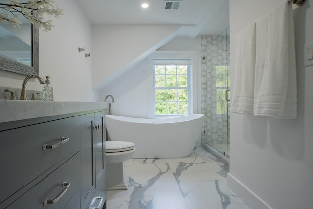 full bath with visible vents, vanity, a freestanding bath, marble finish floor, and a shower stall