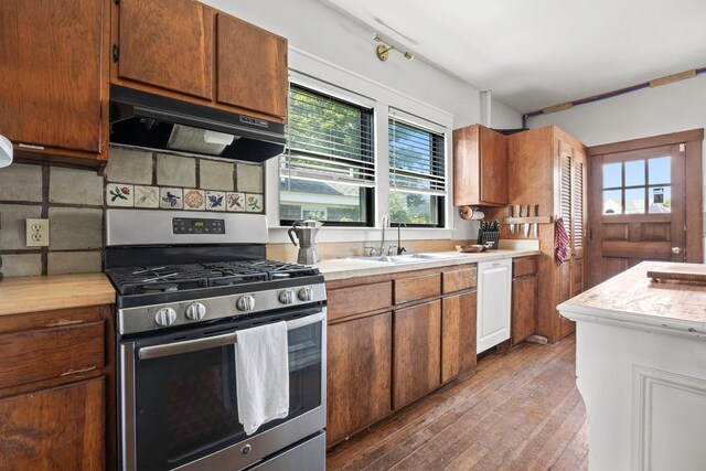 kitchen featuring sink, stainless steel gas range oven, tasteful backsplash, and a wealth of natural light