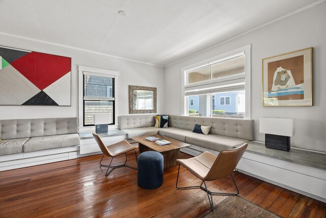 living room featuring crown molding and hardwood / wood-style flooring