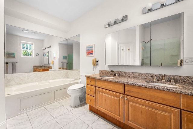 full bathroom featuring vanity, toilet, independent shower and bath, and tile patterned flooring