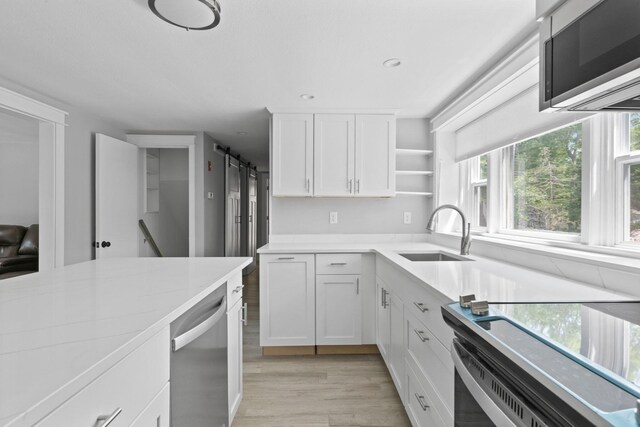 6 Januit St, Sandwich, MA 02563 - kitchen with appliances with stainless steel finishes, a sink, light wood-style floors, white cabinetry, and open shelves
