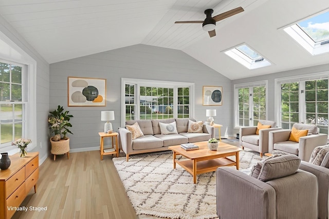6 Januit St, Sandwich, MA 02563 - living room with light wood finished floors, vaulted ceiling, plenty of natural light, a skylight, and wooden walls