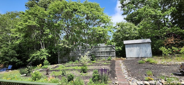view of yard with a storage shed, an outbuilding, a garden, and fence