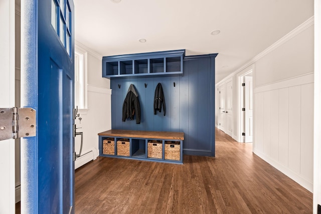 mudroom featuring ornamental molding, dark wood-type flooring, and a baseboard heating unit