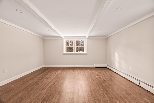 unfurnished room with beam ceiling, a baseboard heating unit, and wood-type flooring