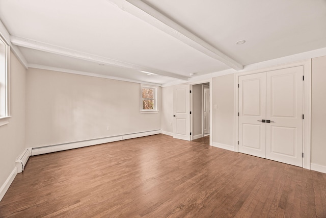 unfurnished bedroom with a closet, beam ceiling, a baseboard radiator, and wood-type flooring