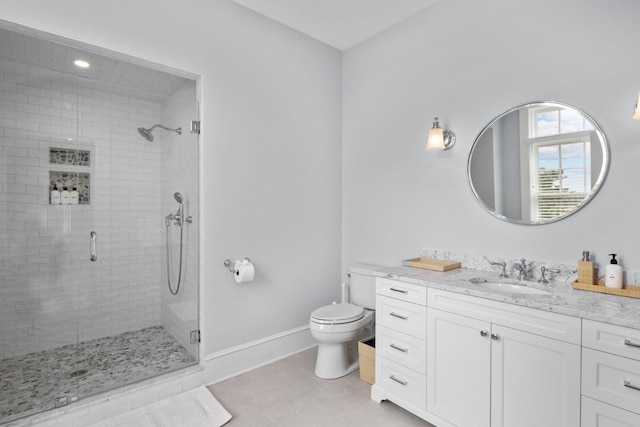 bathroom with vanity, toilet, tile patterned floors, and an enclosed shower