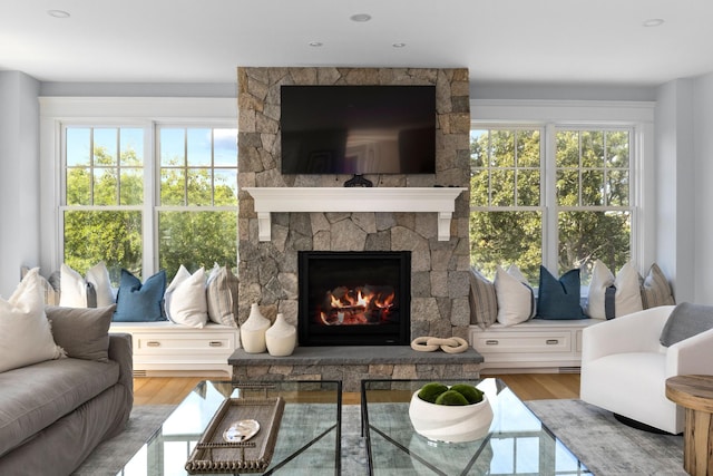 living room featuring a stone fireplace and light hardwood / wood-style flooring