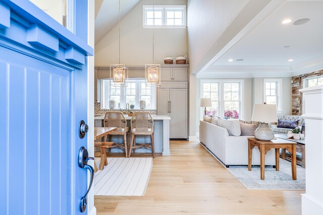 foyer entrance with a towering ceiling, light hardwood / wood-style floors, and plenty of natural light