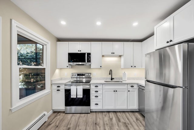 kitchen featuring light wood finished floors, a baseboard radiator, a sink, white cabinets, and appliances with stainless steel finishes