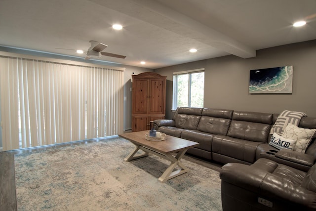 living room featuring beam ceiling, recessed lighting, and a ceiling fan