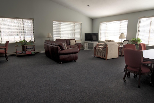 living area featuring lofted ceiling, carpet, and a baseboard radiator