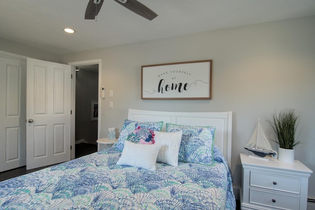 bedroom featuring recessed lighting and a ceiling fan