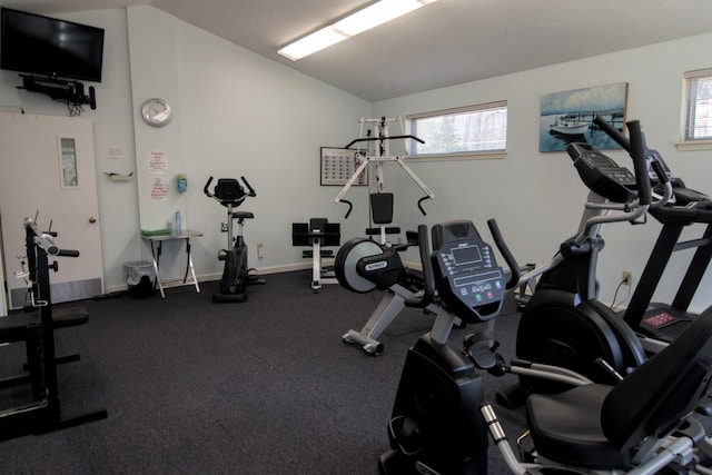 exercise room with a wealth of natural light, baseboards, and lofted ceiling