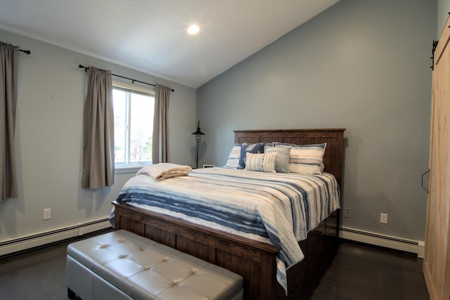 bedroom with a barn door, dark wood-style floors, vaulted ceiling, and a baseboard radiator