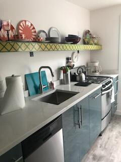 kitchen with sink, stainless steel appliances, and light hardwood / wood-style flooring