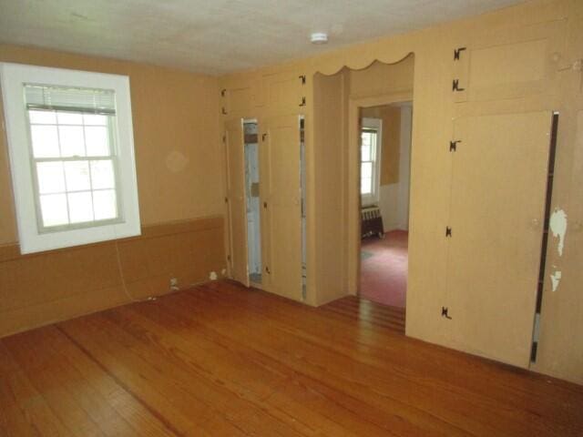 spare room featuring radiator, plenty of natural light, and wood-type flooring