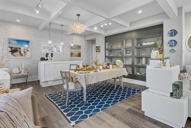 dining area featuring coffered ceiling, dark hardwood / wood-style flooring, and beamed ceiling