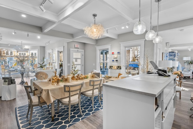 dining space featuring light hardwood / wood-style floors, rail lighting, and beamed ceiling