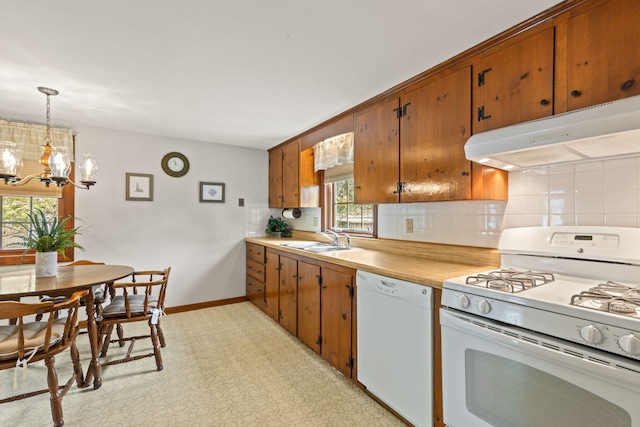 61 Uncle Bills Way S, Dennis, MA 02660 - kitchen featuring white appliances, under cabinet range hood, a sink, and brown cabinets