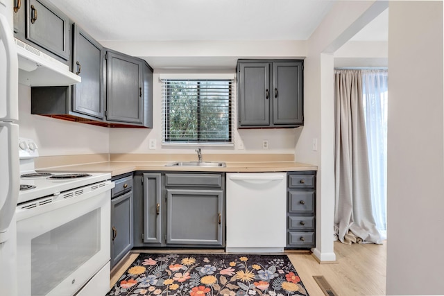 kitchen featuring a sink, white appliances, gray cabinets, and light countertops