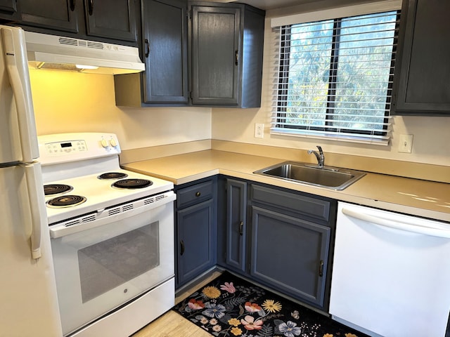 kitchen with sink, white appliances, and light hardwood / wood-style flooring