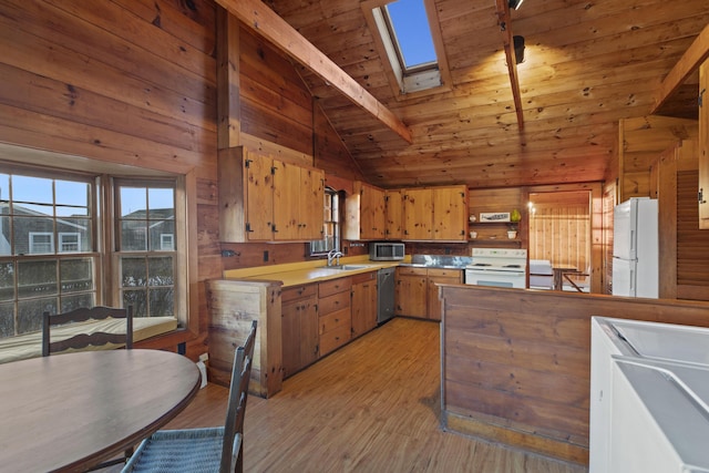 kitchen with light wood-type flooring, stainless steel appliances, wood ceiling, and wood walls