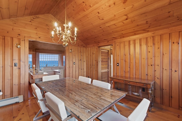 dining space with wood ceiling, vaulted ceiling, light hardwood / wood-style flooring, and wooden walls