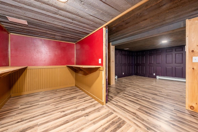 121 S Yarmouth Rd, Dennis, MA 02638 - bar area featuring a baseboard heating unit, wood finished floors, wooden ceiling, and a wainscoted wall