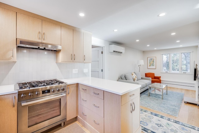 kitchen with stainless steel range with gas cooktop, light brown cabinets, backsplash, and kitchen peninsula